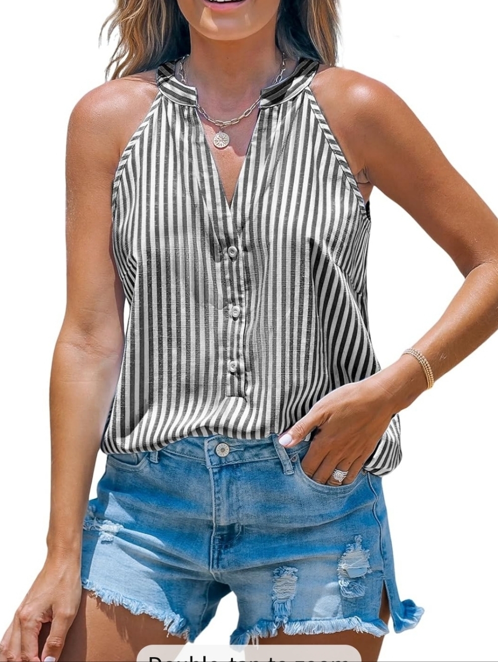 Cupshe Striped Sleeveless Button Tank Top - Black & White